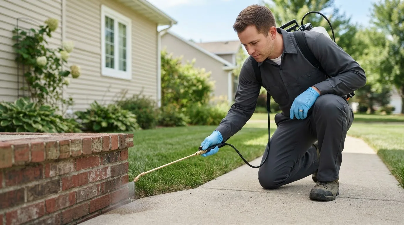 Pest control technician treating a home near Acosta, PA